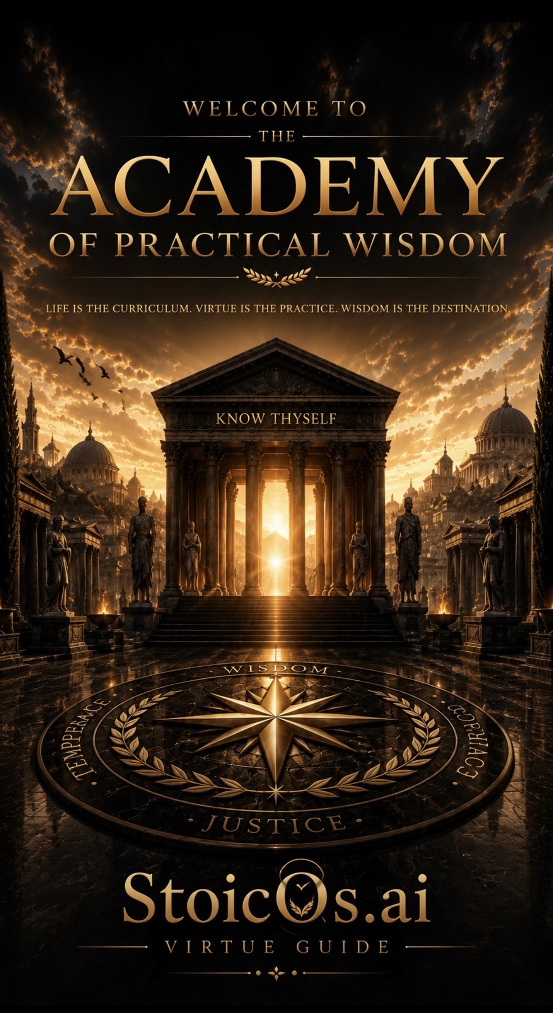 The entrance to the Academy of Practical Wisdom, StoicOs.ai