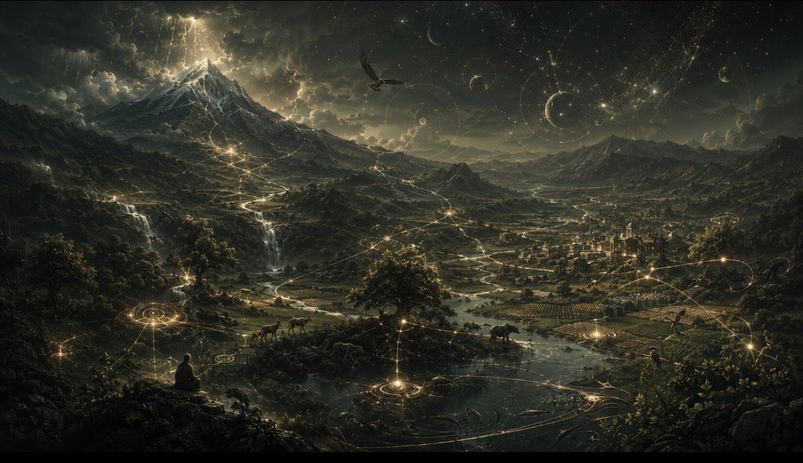 De mens als onderdeel van de natuur en het grotere kosmische geheel.