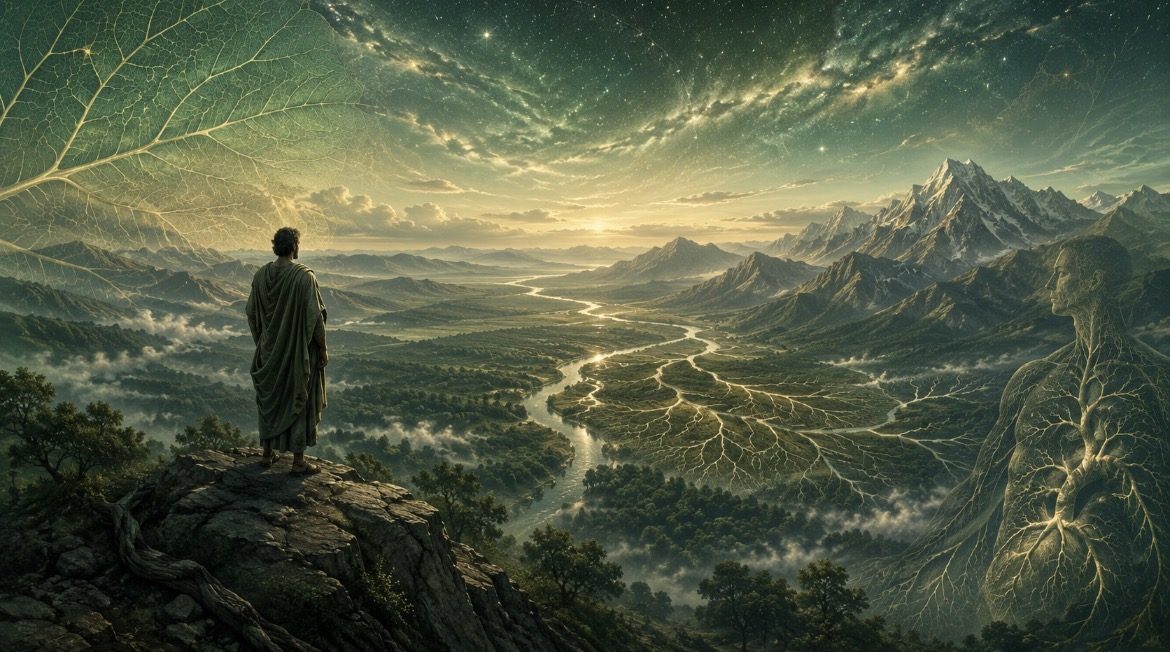 Een reiziger kijkt uit over een uitgestrekt landschap waarin natuur, mens en kosmos als één geheel zichtbaar worden.