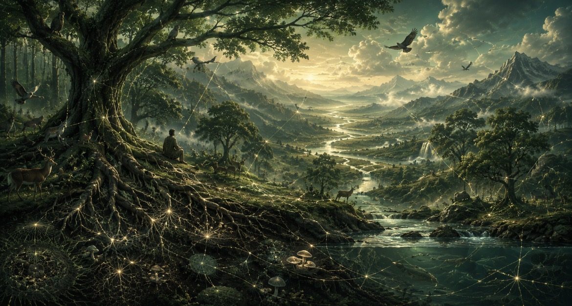 Een levende vallei vol bomen, dieren, water, wortels en lichtverbindingen toont de onderlinge verbondenheid van al het leven.