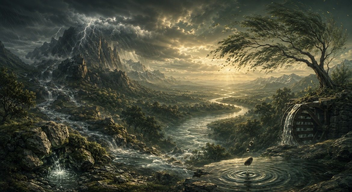 Storm, regen, bergwater, wind en stroming tonen hoe oorzaken gevolgen voortbrengen in de natuur.
