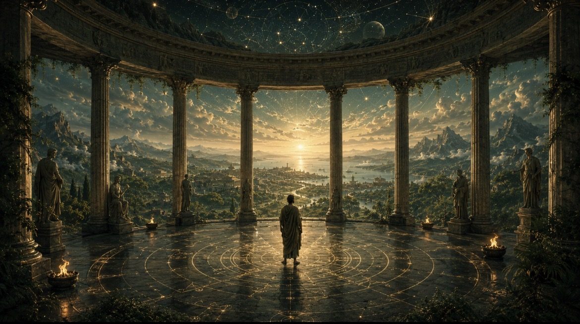 De Chamber of Nature & Fate: een ronde zuilenhal onder de sterren waar een mens zich verhoudt tot natuur en lot.