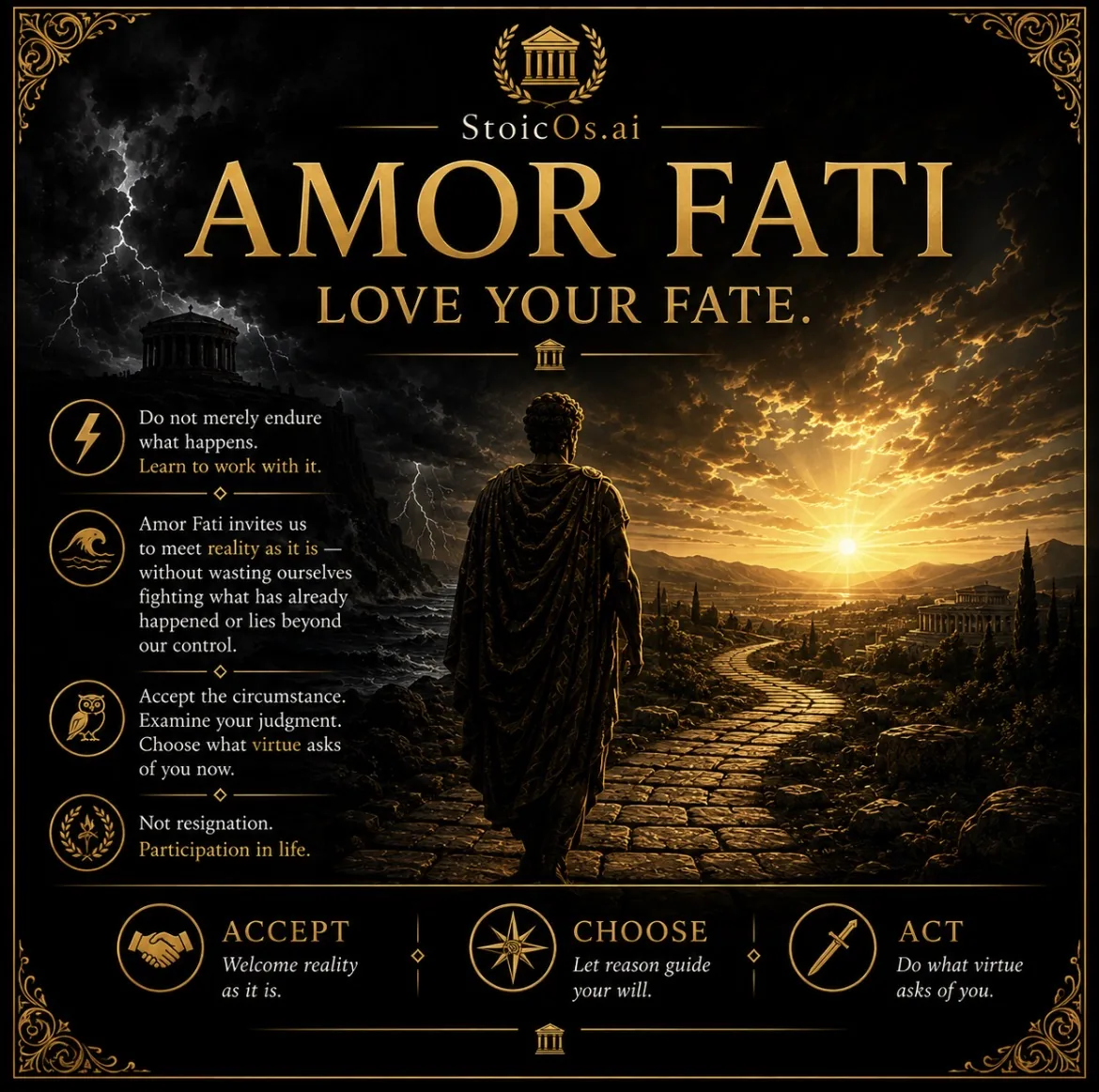 StoicOs visual guide to amor fati — love your fate — a Stoic figure walking a golden path out of a storm toward the light.