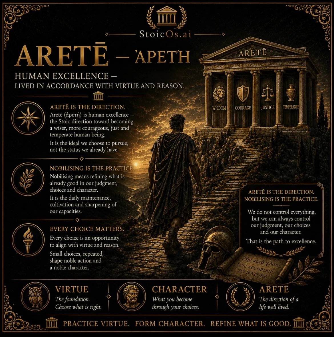 Guide visuel StoicOs de l'aretē : l'excellence humaine vécue selon la vertu et la raison — la direction, avec le nobilising comme pratique.