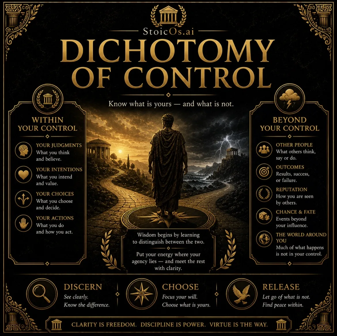 StoicOs visual guide to the Stoic dichotomy of control, showing what is within and beyond our control.