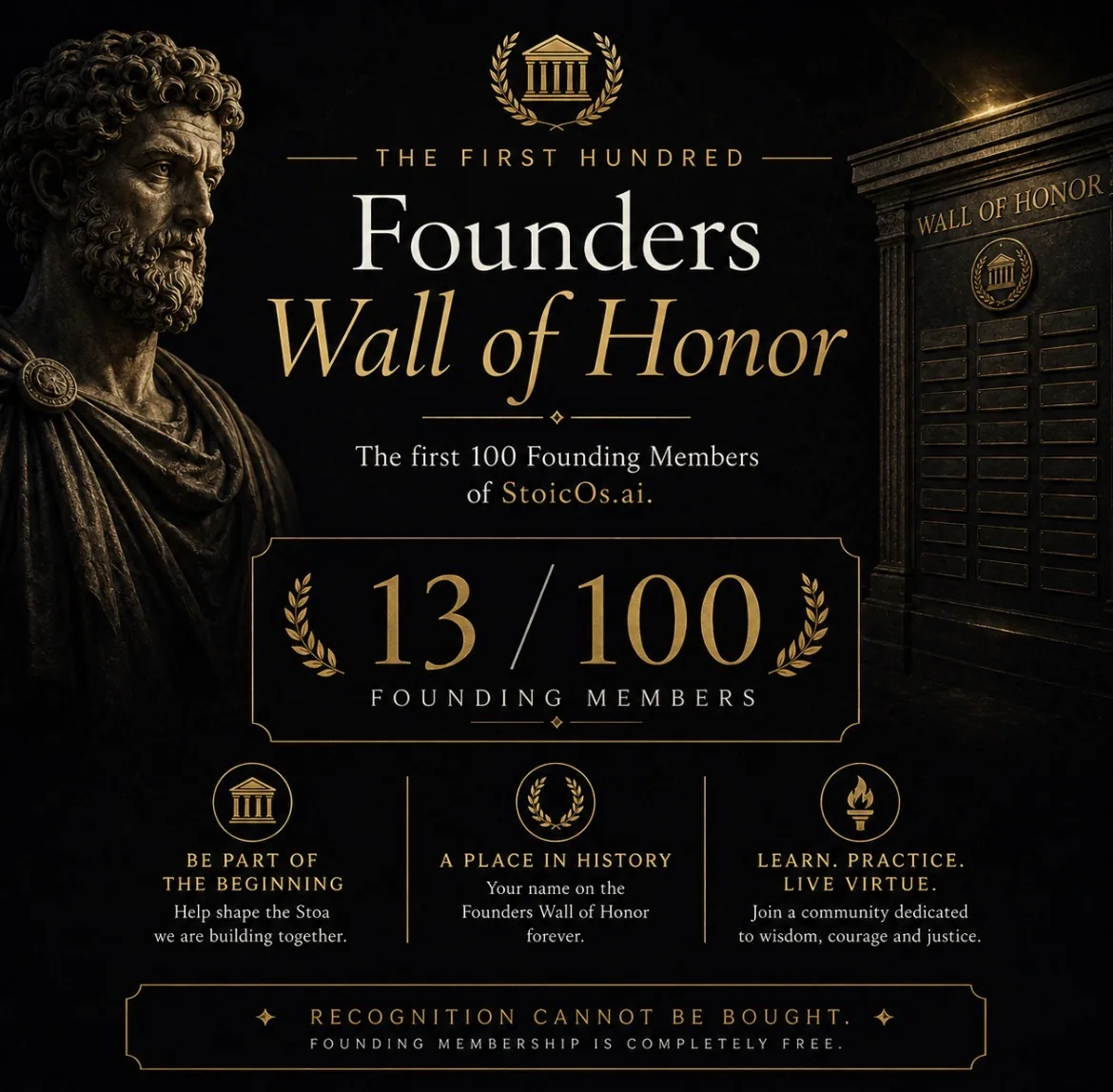 Carte StoicOs du Founders Wall of Honor : les cent premiers Founding Members de StoicOs.ai — une reconnaissance qui ne s'achète pas.