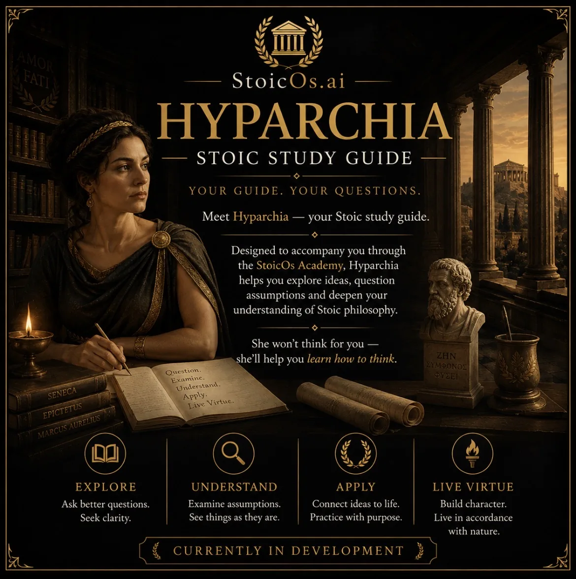 Carte StoicOs d'Hyparchia, le guide d'étude stoïcien en développement : une femme écrivant dans une bibliothèque classique.