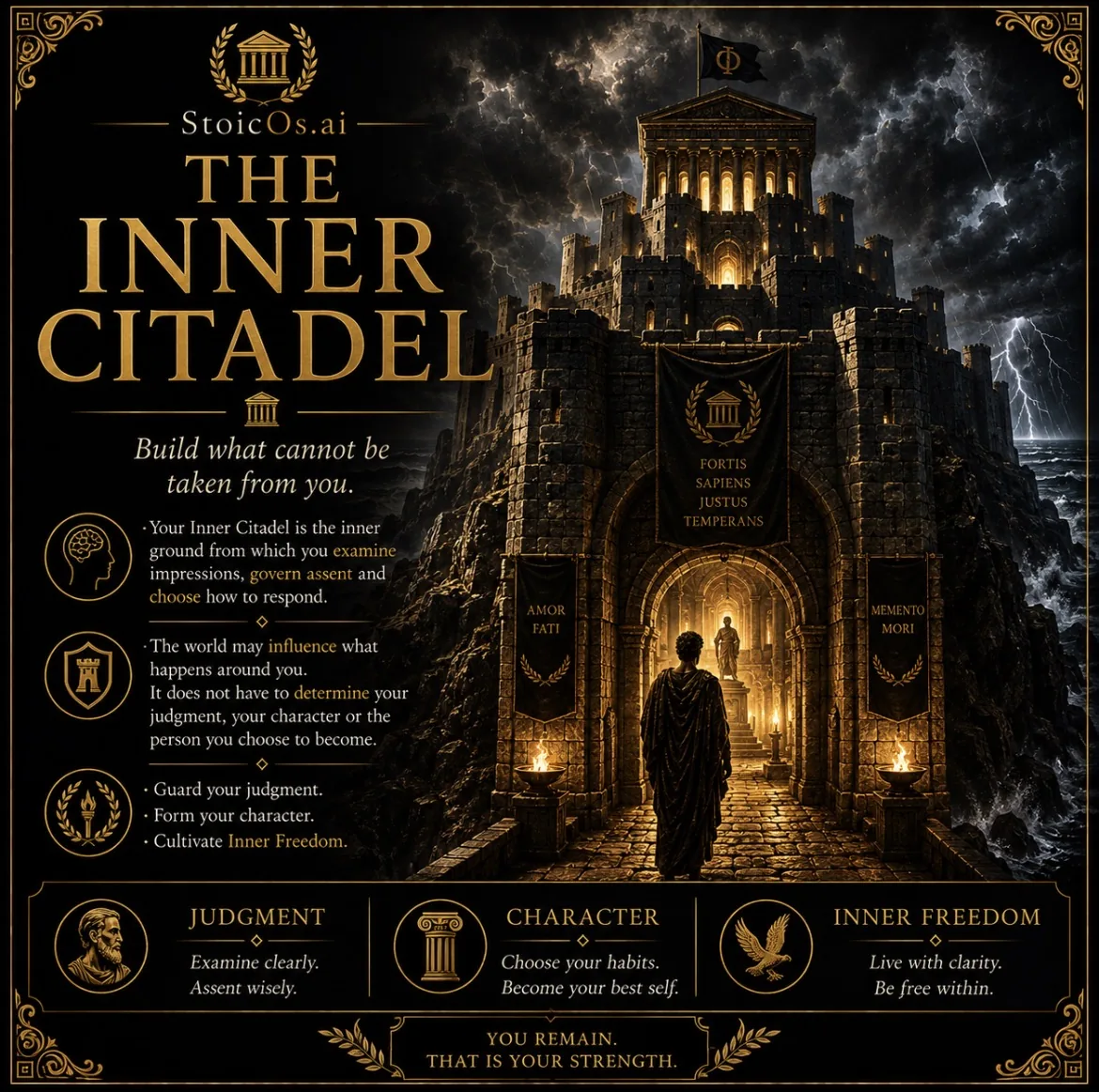 StoicOs visual guide to the inner citadel: a golden fortress standing in a storm, the inner ground of judgment and character.
