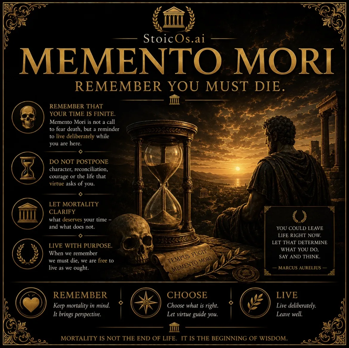 StoicOs visual guide to memento mori — remember you must die — with an hourglass, a skull and a Stoic figure at sunset.
