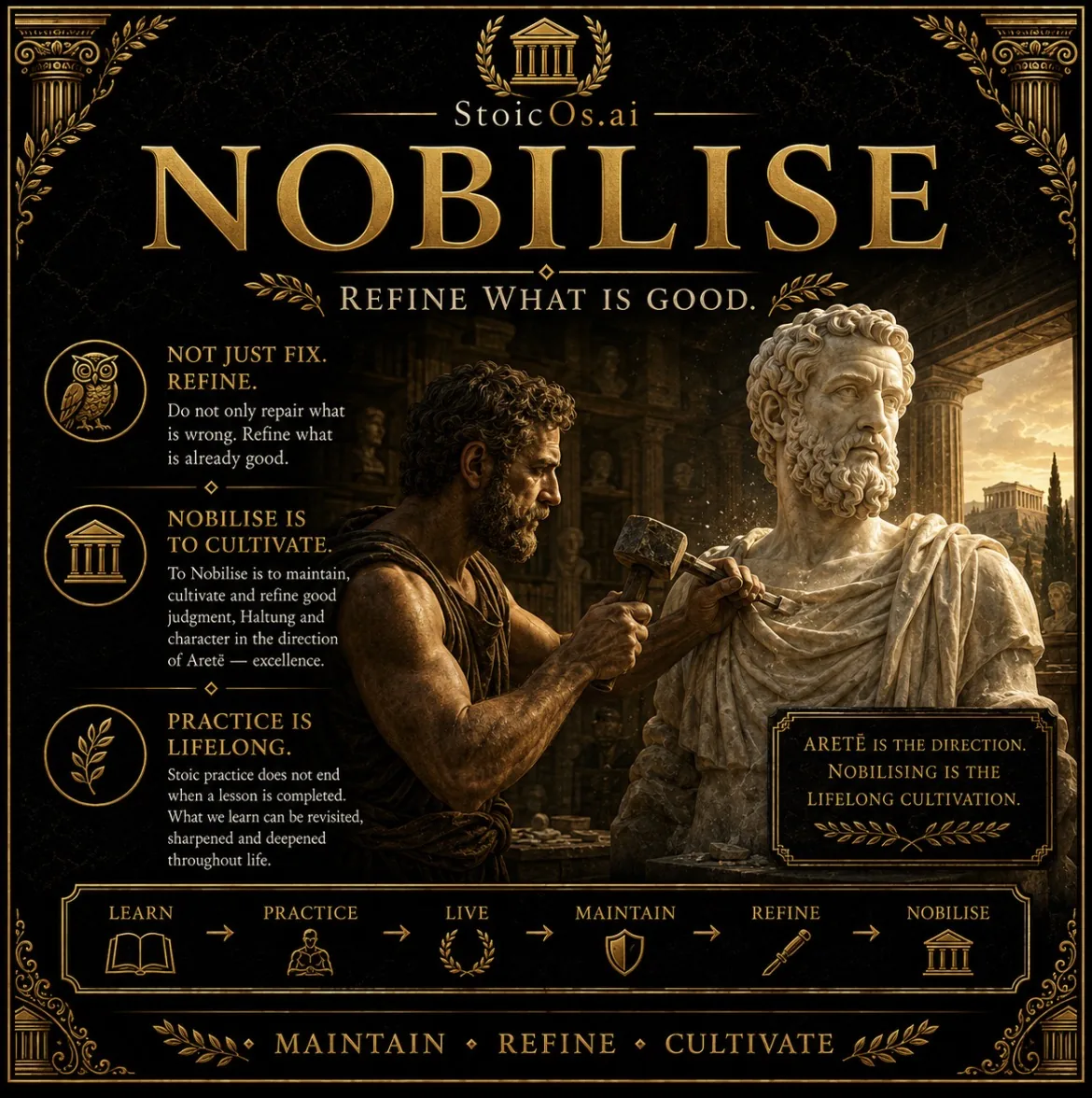 Carte visuelle StoicOs pour Nobilise : un sculpteur affine une statue de marbre presque achevée — entretenir et affiner ce qui est déjà bon.