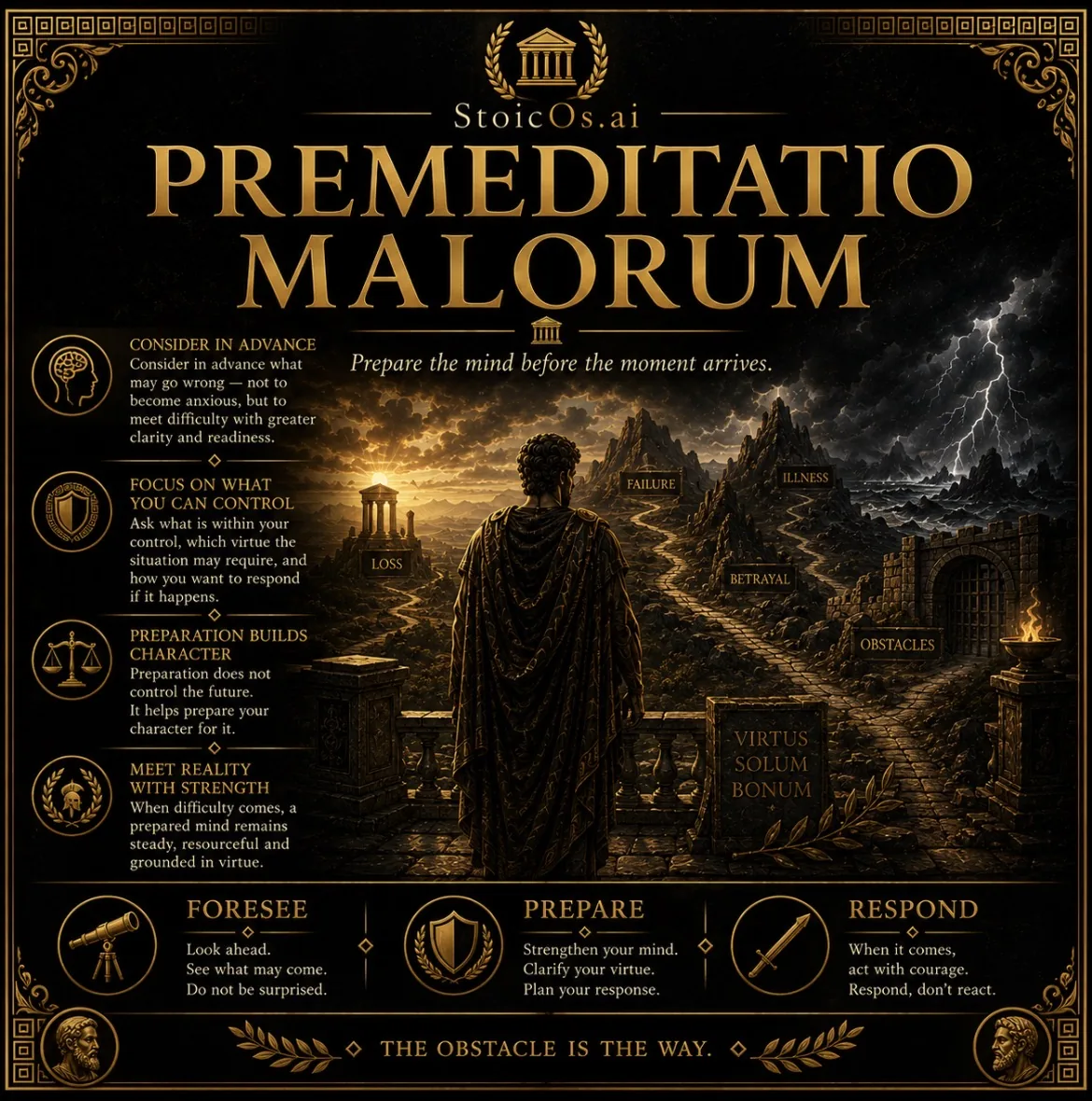 Guide visuel StoicOs de la premeditatio malorum : envisager calmement à l'avance ce qui peut mal tourner, pour l'affronter l'esprit préparé.