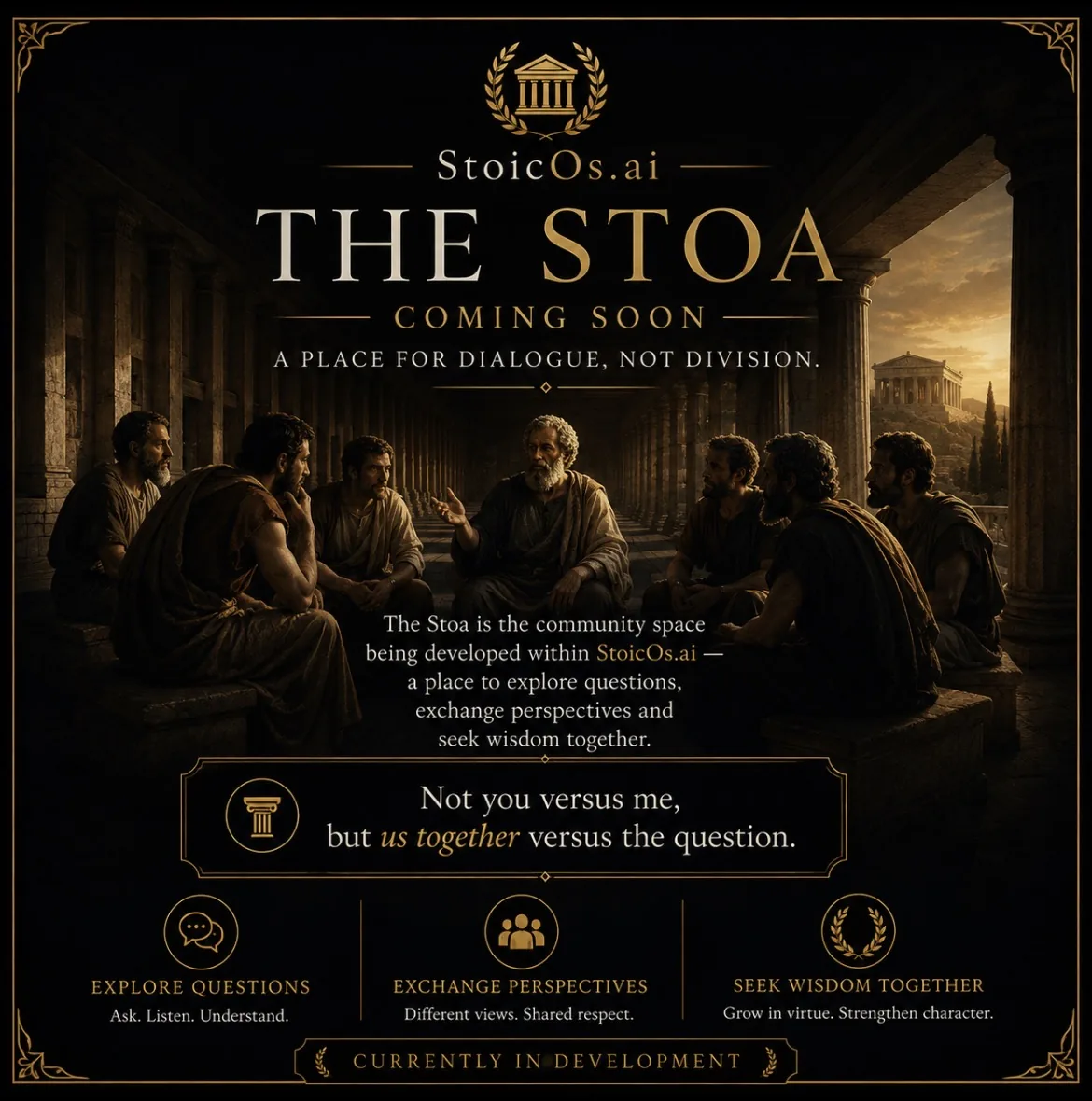 Carte StoicOs de The Stoa, l'espace communautaire en développement : des philosophes en dialogue sous une colonnade.