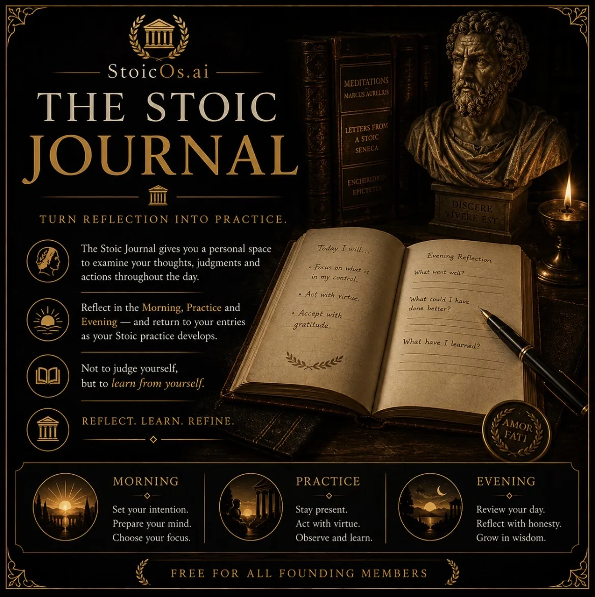 Carte StoicOs du Journal stoïcien : un journal ouvert avec intentions du matin et réflexion du soir, près des textes stoïciens classiques.