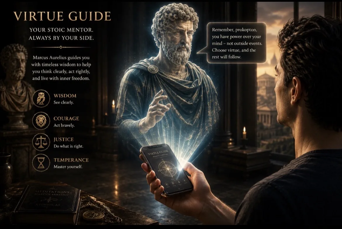 Carte de l'app Virtue Guide : une personne tient un téléphone d'où apparaît Marc Aurèle — votre mentor stoïcien, toujours à vos côtés.