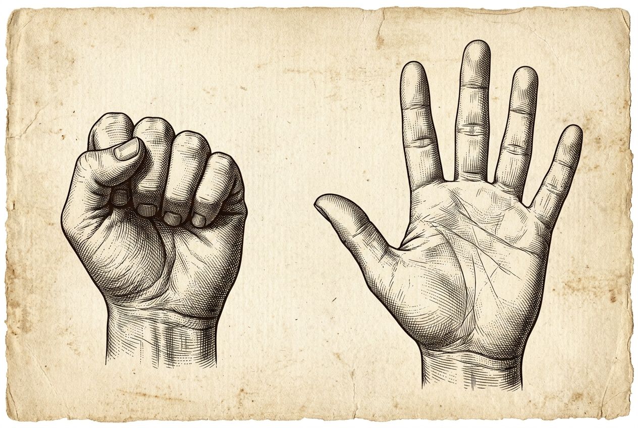 Tekening in gravurestijl van twee handen: een stevig gebalde vuist naast een volledig geopende handpalm — moderne reconstructie van Zeno's vergelijking voor dialectiek en retorica, gerapporteerd door Sextus Empiricus