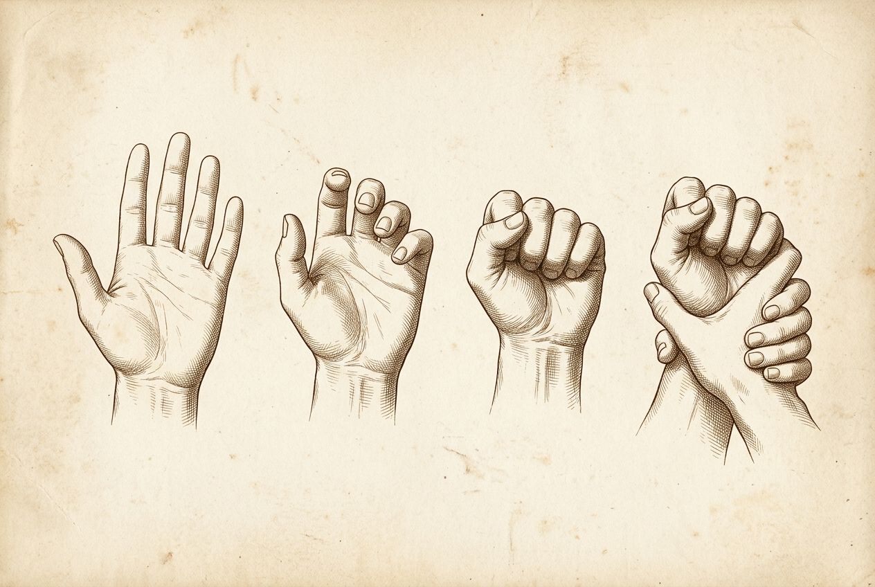 Engraving-style drawing of four hand positions in sequence: open palm, slightly curled fingers, closed fist, and a fist clasped by a second hand — modern reconstruction of Zeno's gesture simile in Cicero