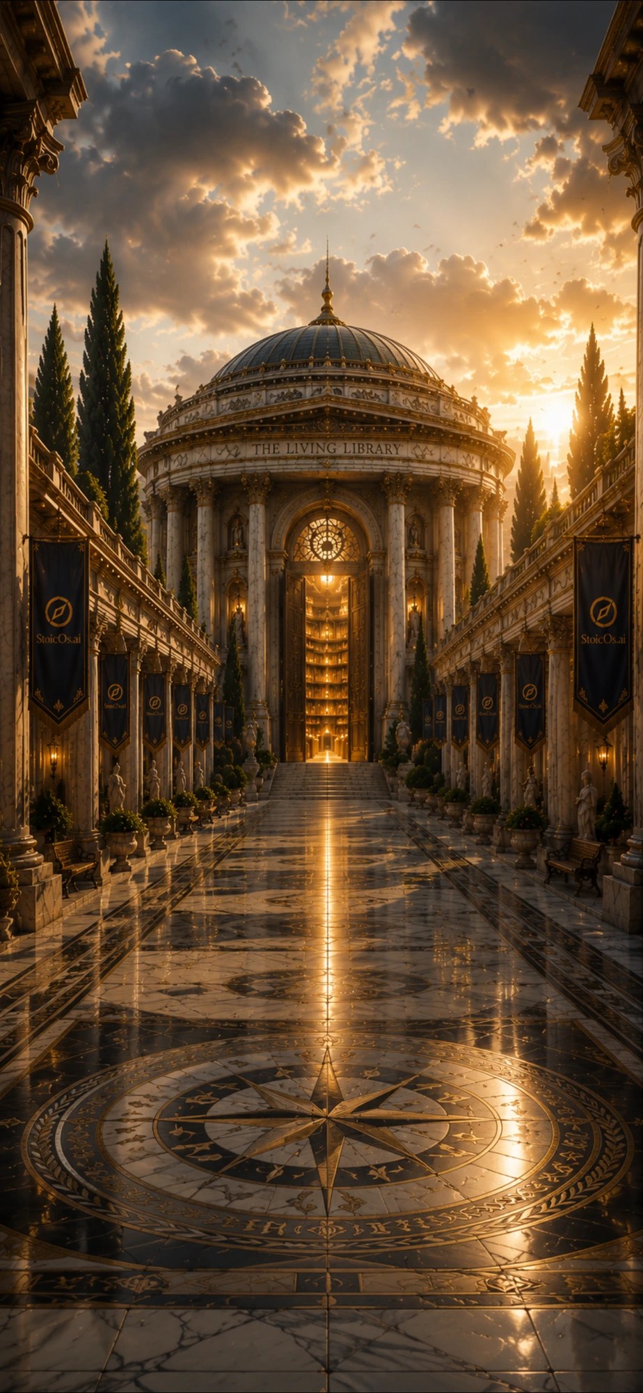 The Living Library — a monumental marble building on the campus of the Academy of Practical Wisdom